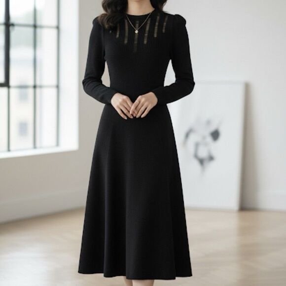 VTG St John Dress Size S Black Santana Knit Midi Dog Show Victorian Old Money - Picture 1 of 14